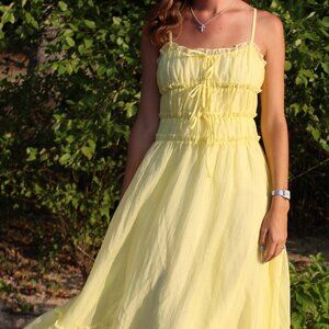 Sunshine Yellow Smocked Midi Dress with Spaghetti Straps